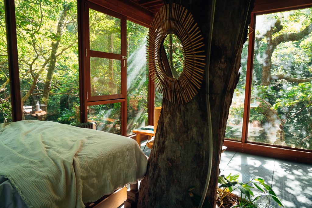 Inside a rustic treehouse at Treeful Treehouse in Okinawa