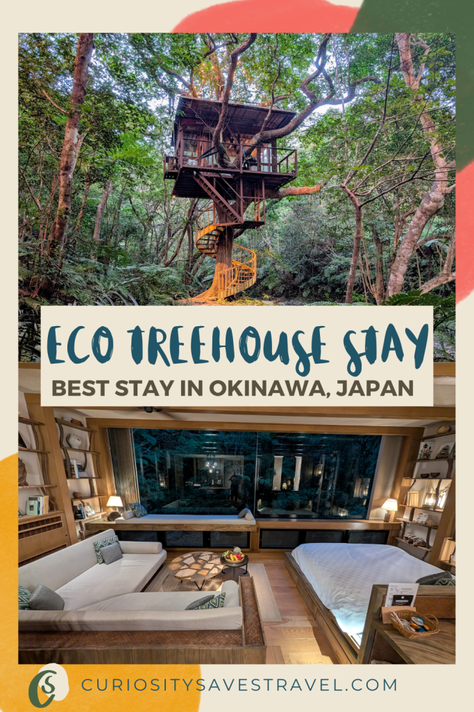 Two images of a treehouse in a tree and the inside of a luxury wooden house with the text that reads Eco Treehouse Stay, the best place to stay in Okinawa