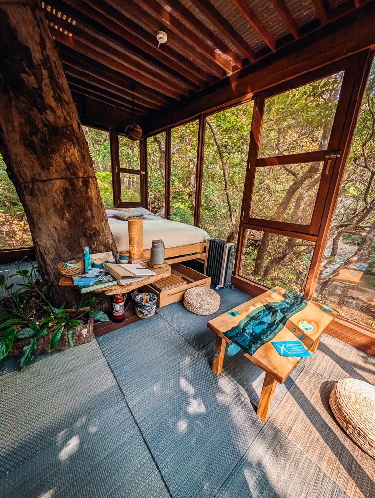 a treehouse room with zero plastic on site