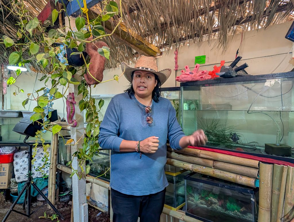 A man in a hat and blue shirt standing in front of axolotl tanks and talking.