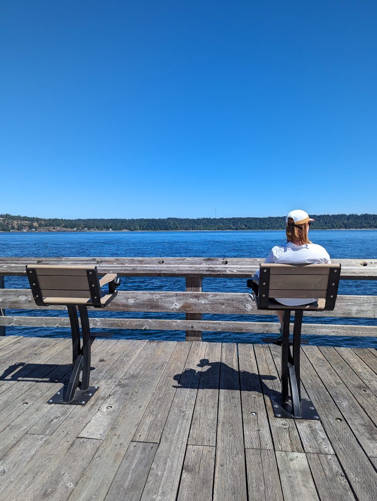 A person seen from behind sitting on one of two tall wooden seats on a wooden jetty looking out to water and pine trees under a clear blue sky.