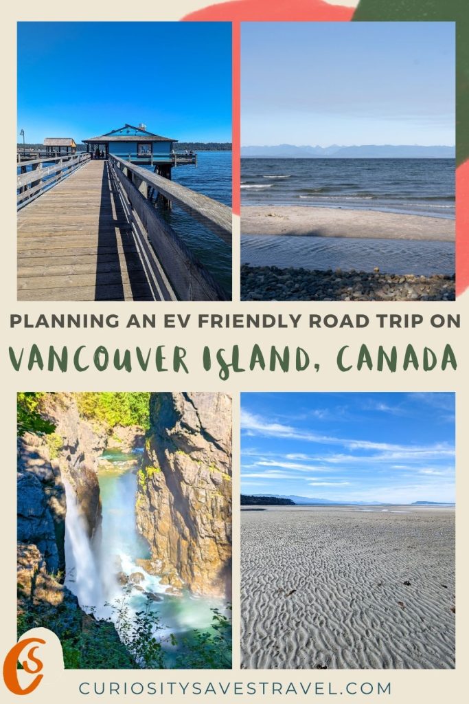 Four portrait photos of beaches, a waterfall and a pier with text in between which reads "Planning an EV friendly road trip on Vancouver Island, Canada."