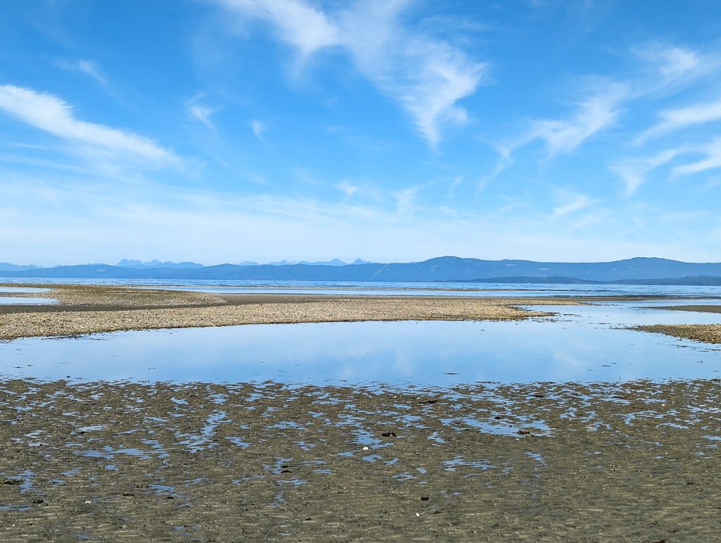 A huge beach with water puddles and shells at low tide, with mountains in the distance and blue sky above.