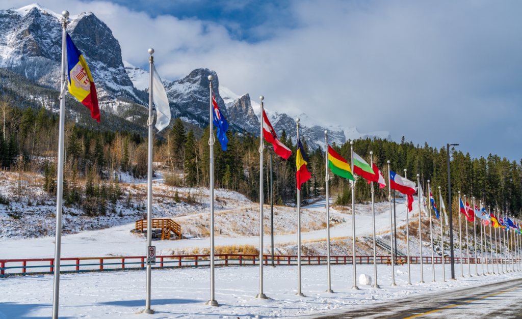 A long line of flagpoles flying flags from around the world standing in snow with pine trees and snowy mountain peaks in the background.