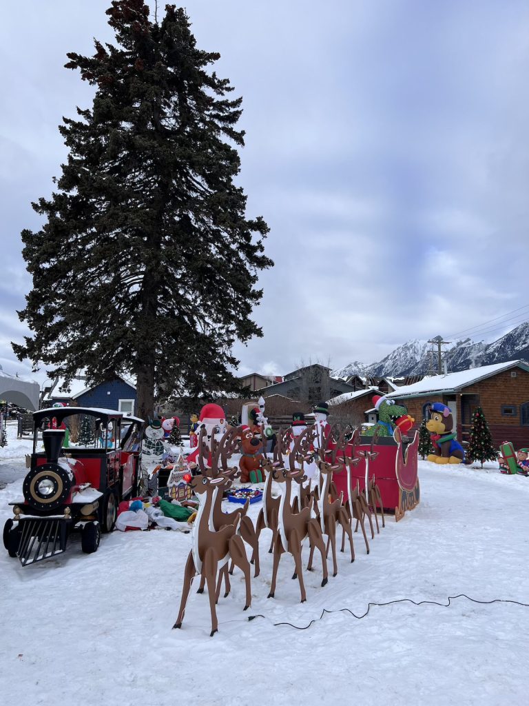 An outdoor Christmas display on snow with a small train and wooden reindeer pulling a sleigh.