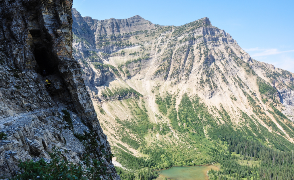 Views of unique mountain geology and a lake. Crypt Lake Hike Alberta