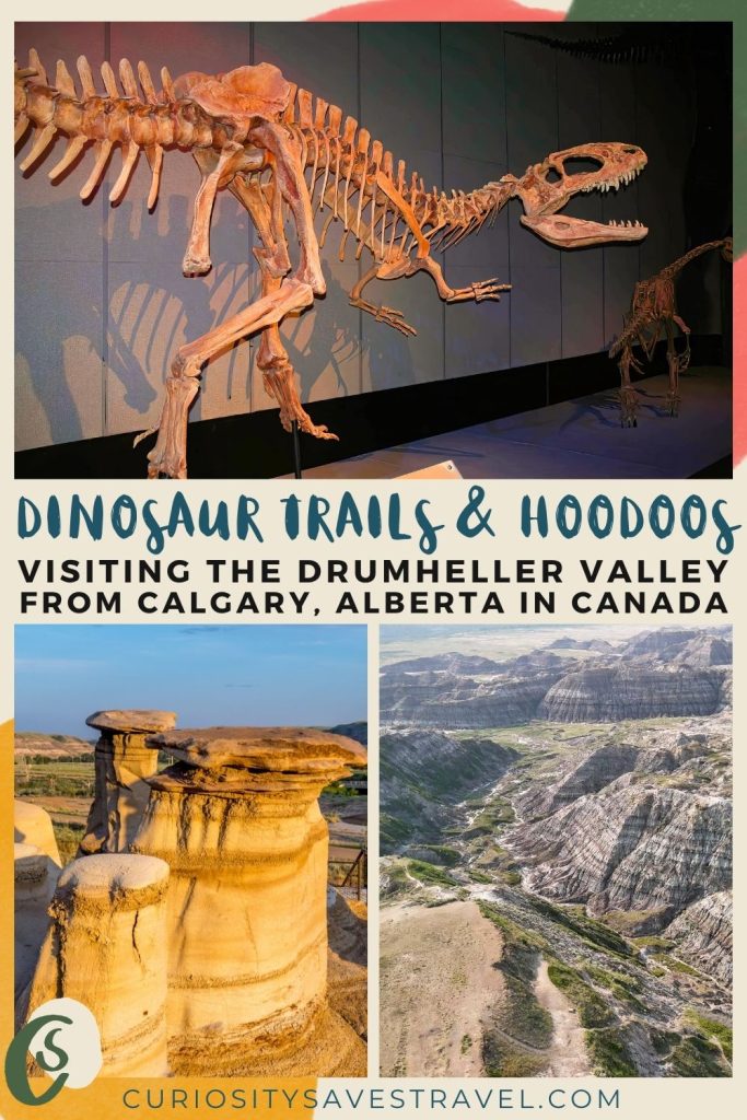 A landscape photo of dinosaur fossils on display in a museum above two portrait photos of rock formations in a valley with text in between that says "Dinosaur Trails & Hoodoos, visiting the Drumheller Valley from Calgary, Alberta in Canada."