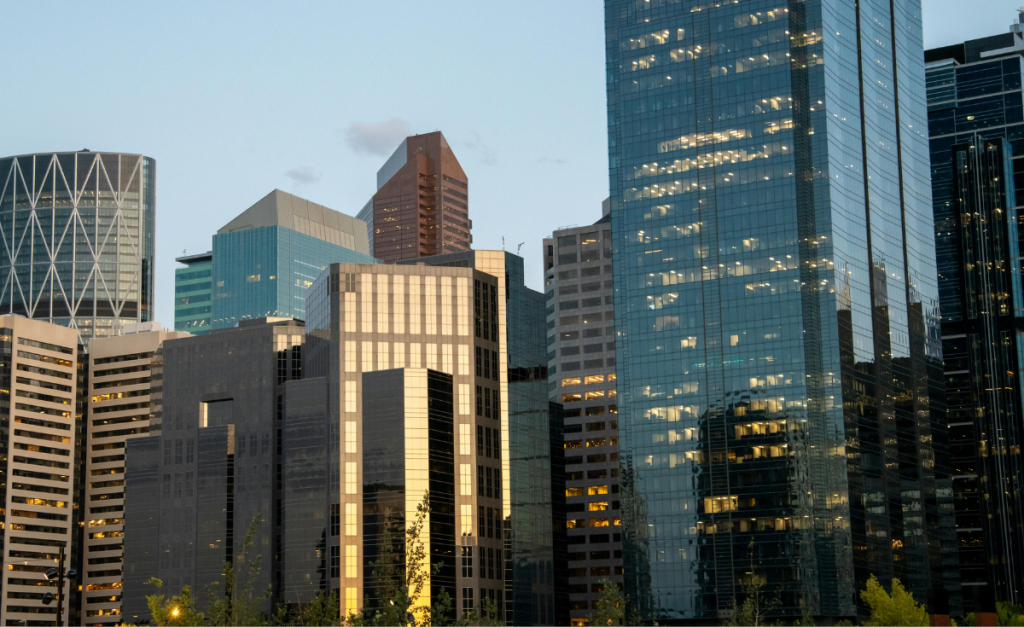 A close-up shot of skyscrapers in Calgary at dusk.