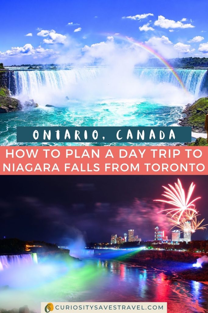 An image of a huge waterfall in a turquoise river with a rainbow arching over it, above an image of a city next to a waterfall that's lit up at night with fireworks in the sky. In the middle is a text box that says "Ontario, Canada" and another that says "How to plan a day trip to Niagara Falls from Toronto."