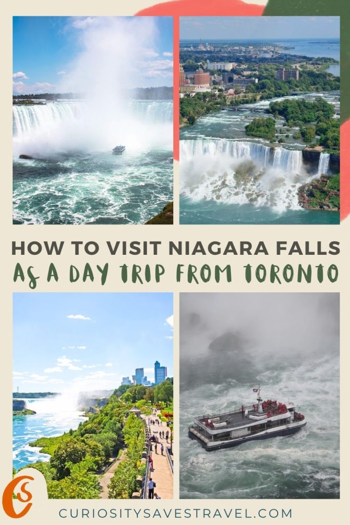 A set of four portrait photos in a grid showing different angles of Niagara Falls and text in between that reads "How to visit Niagara Falls as a day trip from Toronto."