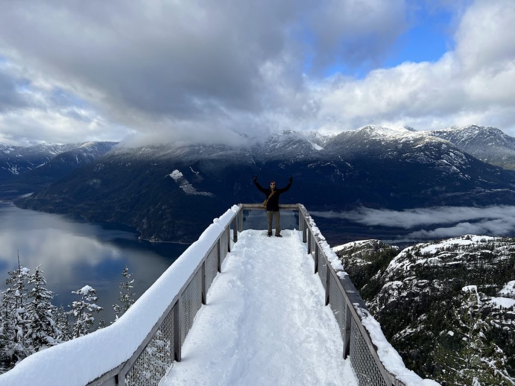 Ganesh stands at the Sea to Sky Gondola in winter