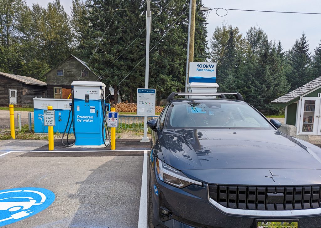 an electric vehicle charges in the road from Vancouver to Prince George