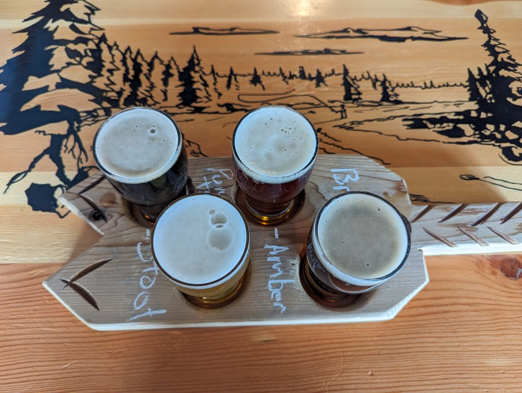A flight of beer at Fox Mountain brewery