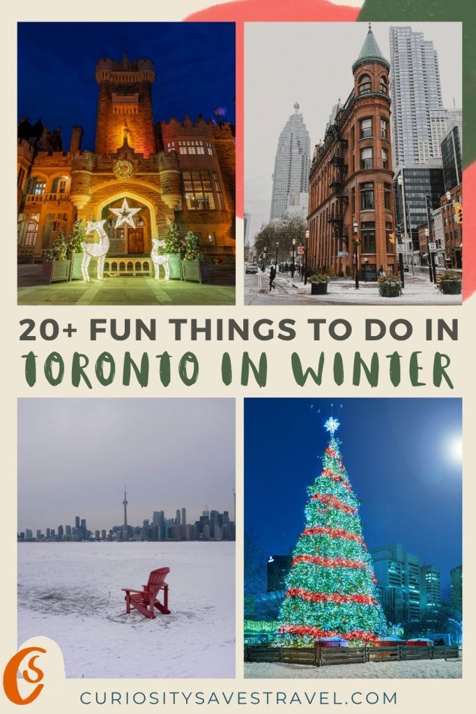 A grid of four photos of a grand building at night with reindeer sculptures in lights, a tall building in a snowy city, a red wooden chair on ice with a city in the distance, and a Christmas tree in a city square lit up at night with text in between that says "20+ fun things to do in Toronto in winter."