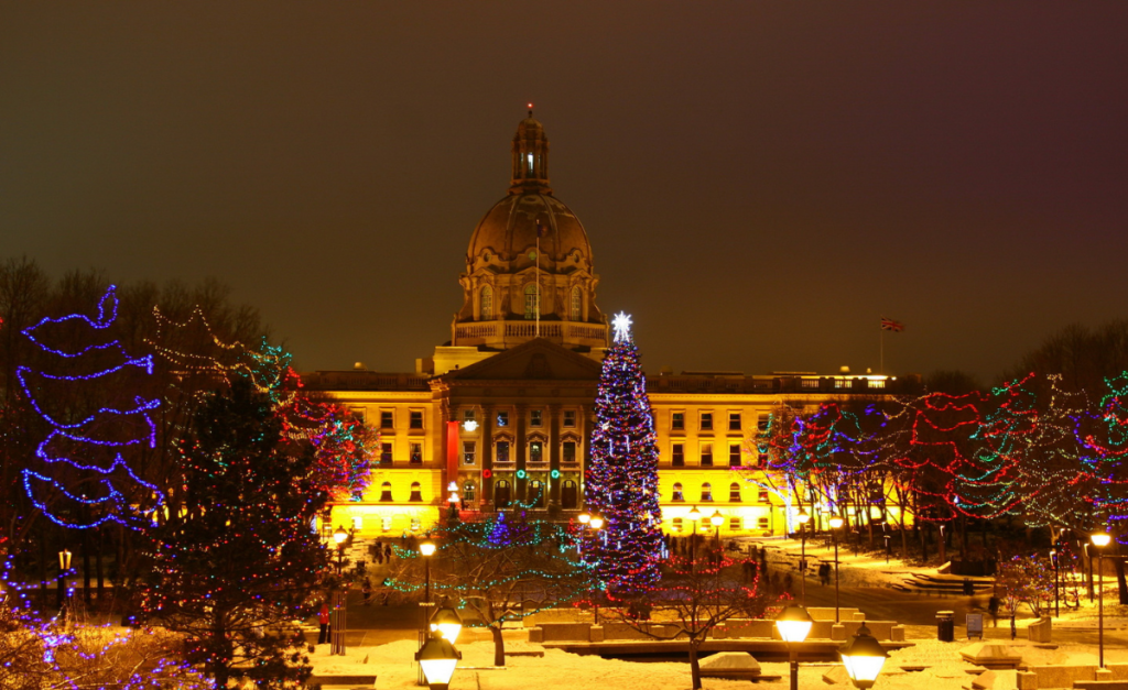 A stately building at night with trees in front decorated with Christmas lights.