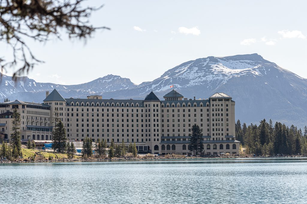 The Fairmont, a grand castle-like hotel at the edge of Lake Louise