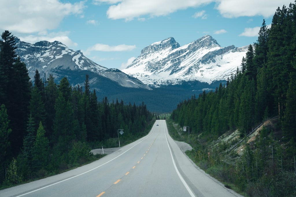 A road with a snow-capped mountain in the distance on the Icefields Parkway