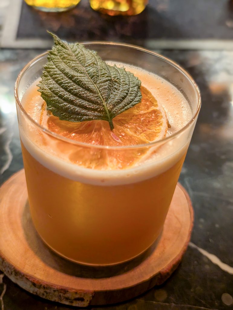 An extreme close-up shot of an orange cocktail with a slice of orange and a leaf on top, sitting on a wooden coaster.