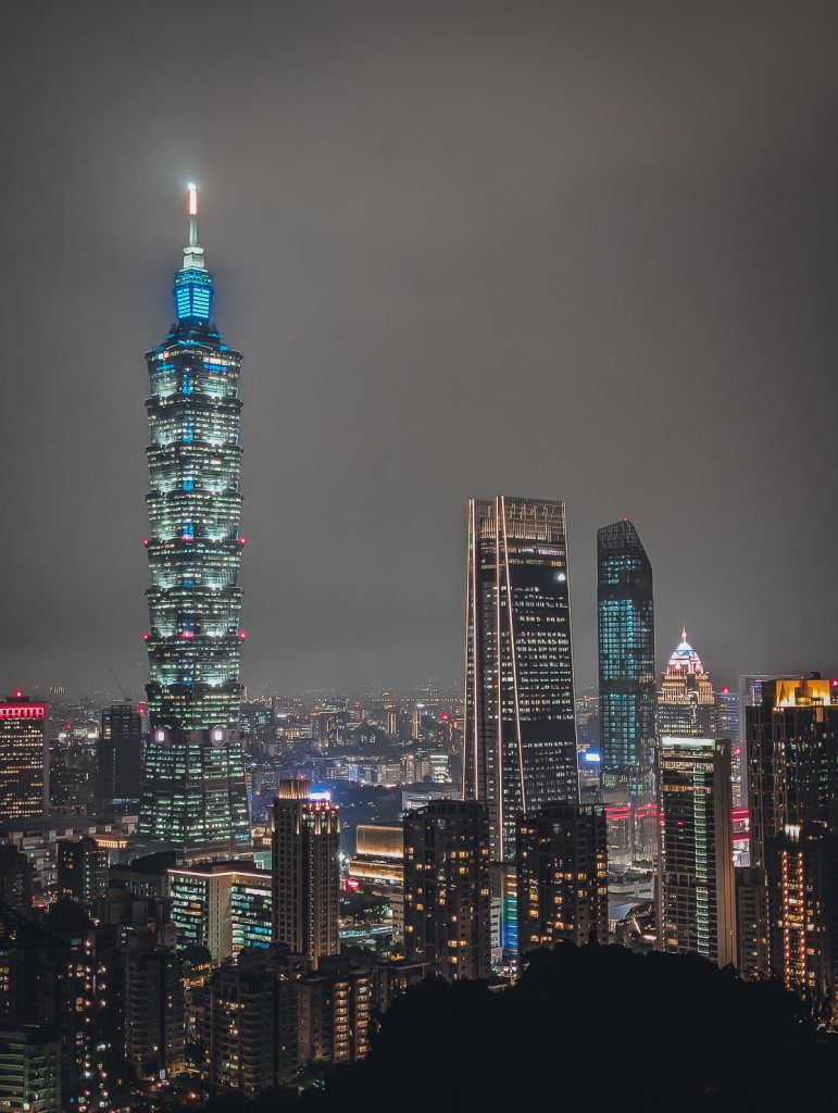 A view of the Taipei 101 tower at night from Elephant Mountain.