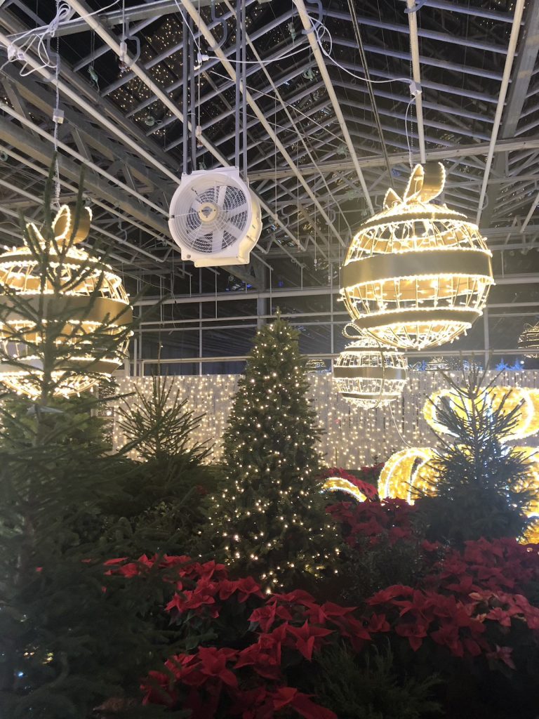 Christmas baubles made from lights hanging from a ceiling with Christmas trees below.