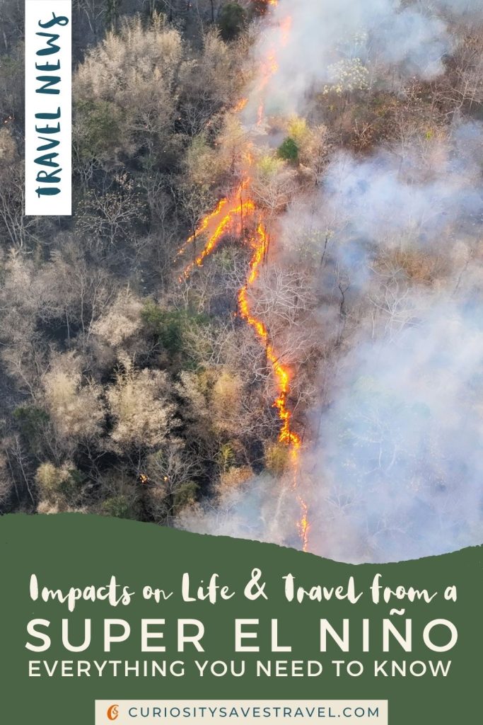 An aerial image of the line of a forest fire, with a text box in the top left saying "travel news" and text at the bottom saying "Impacts on Life & travel from a super El Niño everything you need to know."