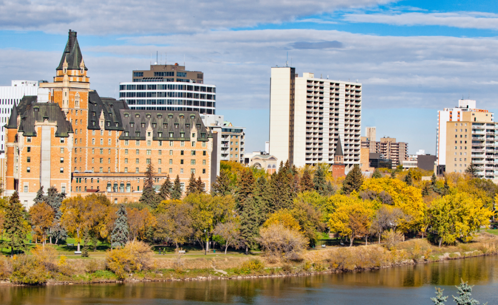 The skyline and river front of Saskatoon