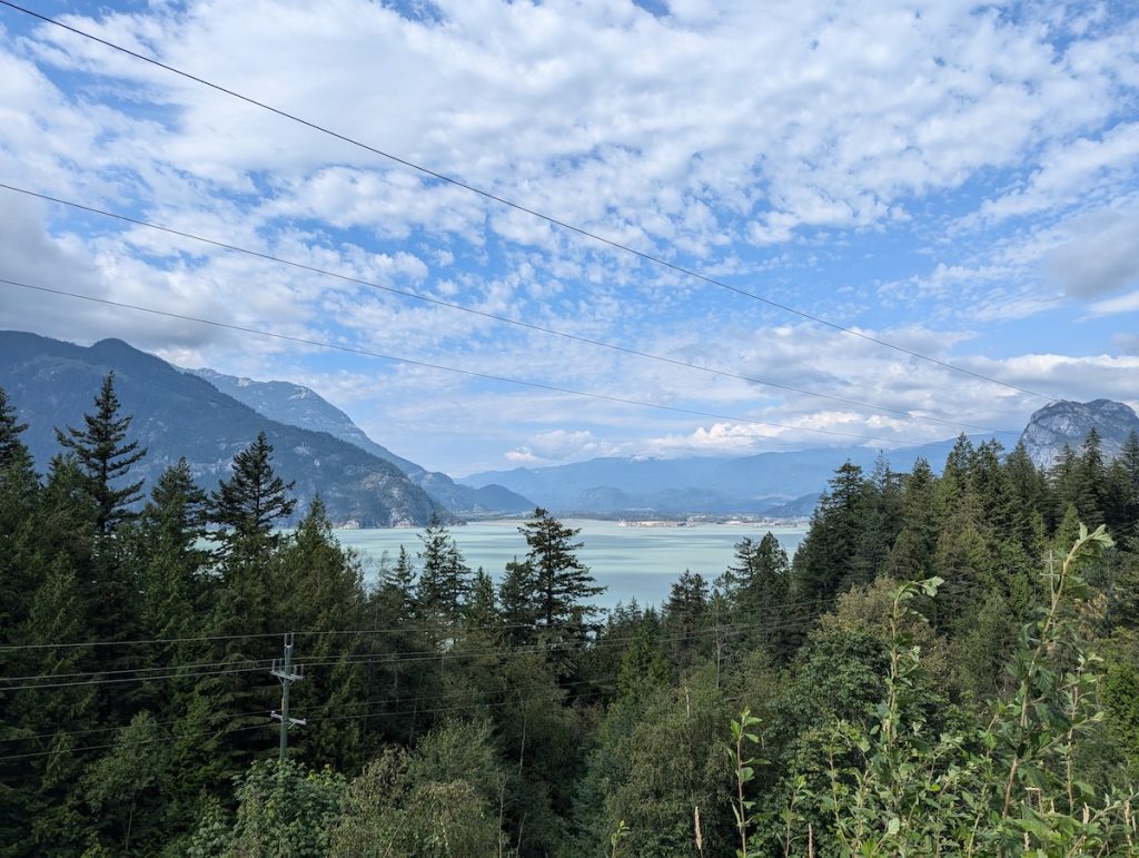 View of the town of Squamish from a scenic highway pullout