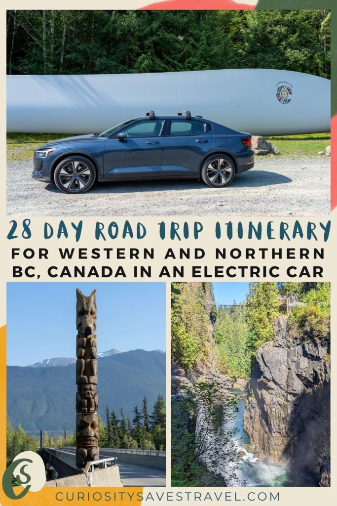 A grid of a landscape photo above two portrait photos with text in between. The top photo shows a car parked to a wind turbine blade on the ground, the bottom left shows a carved wooden totem pole and the right shows a waterfall in a gorge with a tiny bridge at the top. The text in the middle says "28 day road trip itinerary for western and northern BC, Canada in an electric car."