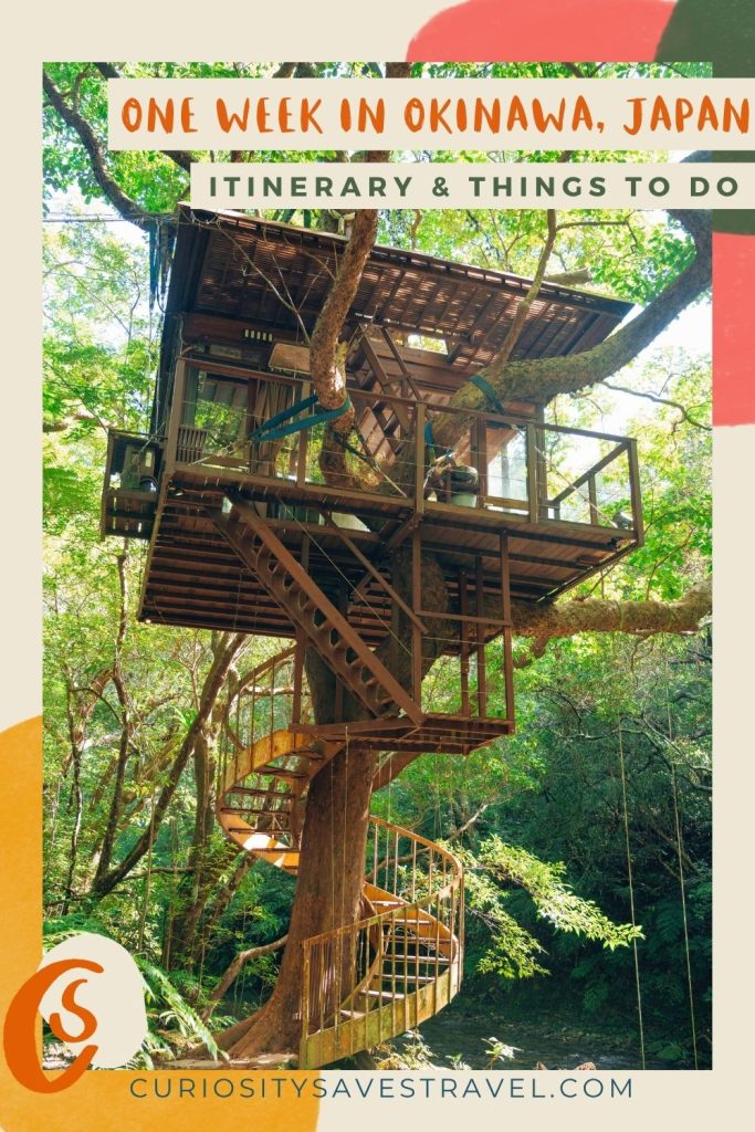 A photo of an epic wooden treehouse with a spiral staircase and text boxes at the top that say "One week in Okinawa, Japan - Itinerary & things to do."